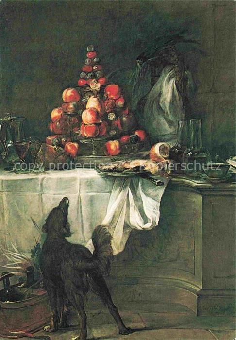 CHARDIN Jean-Baptiste-Simeon (1699-1779) Kuenstlerkarte le Buffet Obst Hund