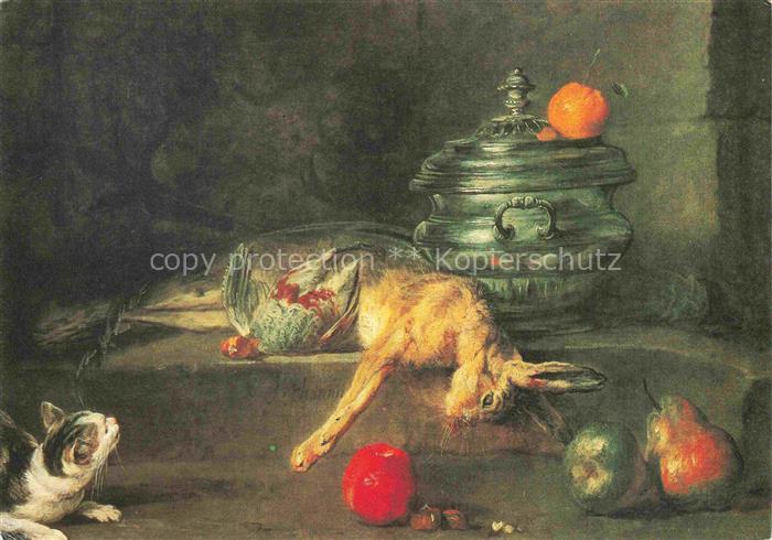 CHARDIN Jean-Baptiste-Simeon (1699-1779) Kuenstlerkarte Katze Hase Hare Obst Par
