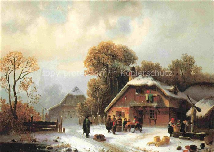 DOLL Anton (1826-1887) Kuenstlerkarte Dorfszene Winter Village Scene hiver Muenc
