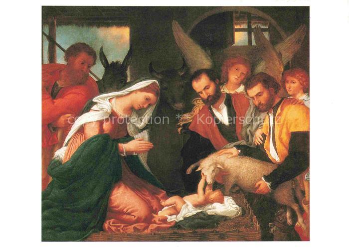 LOTTO Lorenzo (1480-1556) Kuenstlerkarte Krippe Jesus Engel Tiere