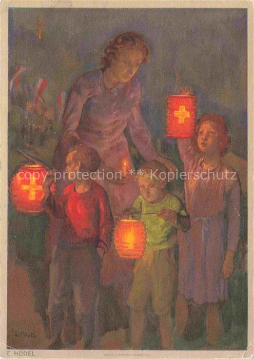 HODEL Ernst (1881-1955) Kuenstlerkarte Schweiz Laterne Kinder Fete Nationale Sch