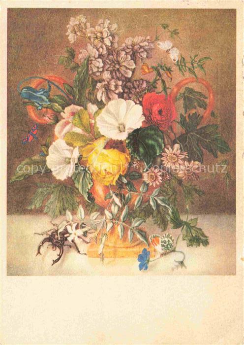 STEINER Emanuel (1778-1831) Kuenstlerkarte Blumenstilleben Kaefer Schmetterling