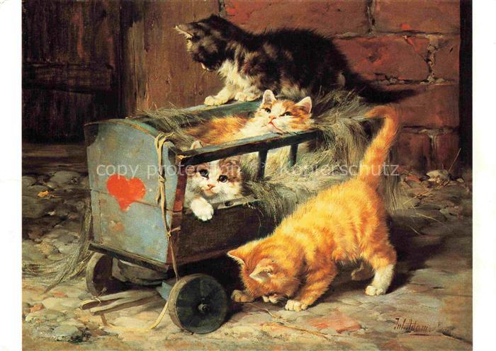 ADAM Julius (1852-1914) Kuenstlerkarte Einquartierung Katzen Feldmeilen Schweiz