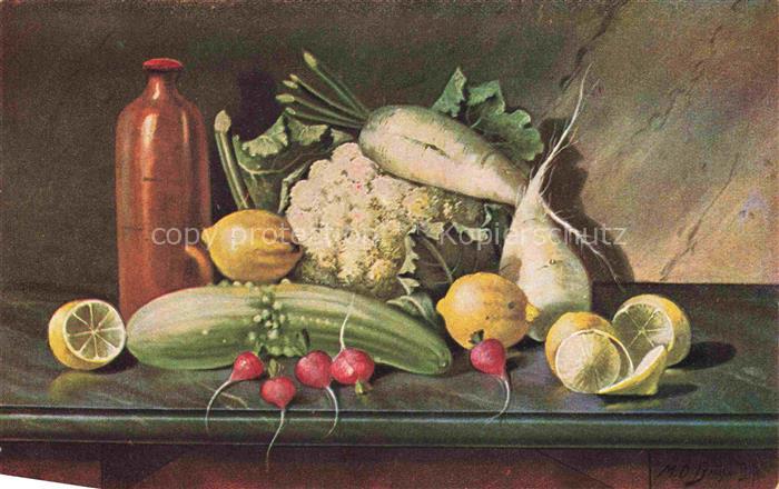 GEMueSE Stillleben Stilleben Kuenstlerkarte Zitrone Rettich Radieschen