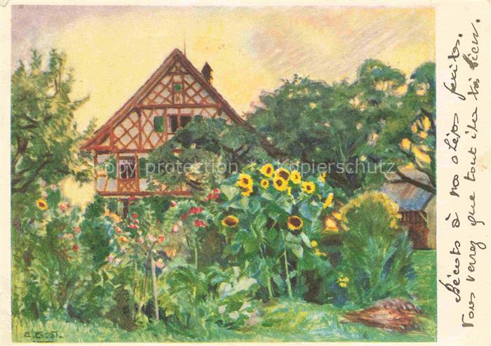 BERNER-STUDER Elly Zuerich Kuenstlerkarte Landschaft mit Sonnenblumen