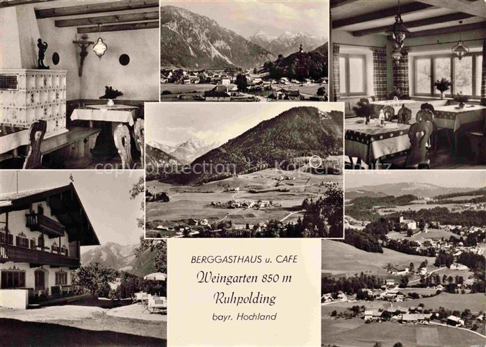 Ruhpolding Bayern Berggasthaus und Cafe Weingarten Gastraeume Teilansichten Pano