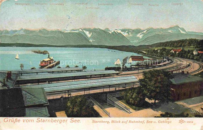 Starnberg Starnbergersee Blick auf Bahnhof See und Gebirge