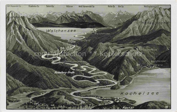 Walchensee Kochel See Bayern Panoramakarte mit Kochelsee