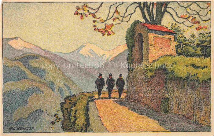 Schlatter E.E. Kuenstlerlitho Schweiz Patrouille im Tessin