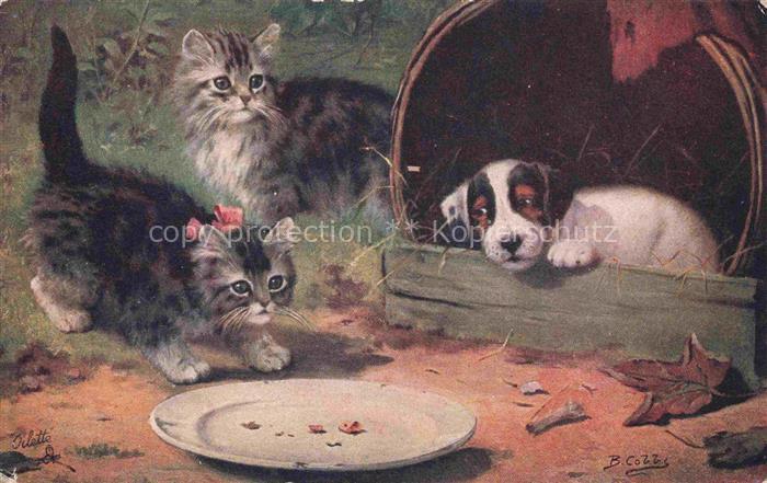 Verlag Tucks Oilette Serie Nr. 9537 When Dogs are Puppies Katzen Hund