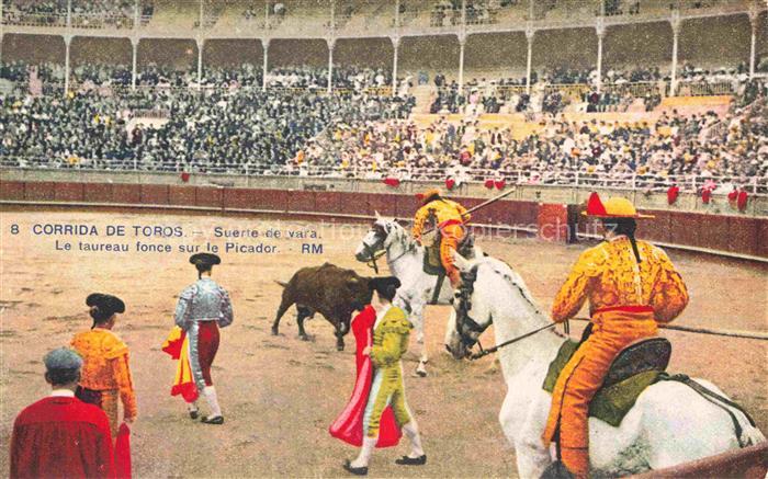 Stierkampf Corrida de Toros Bullfight-- Suerte de vara taureau fonce sur le Pica