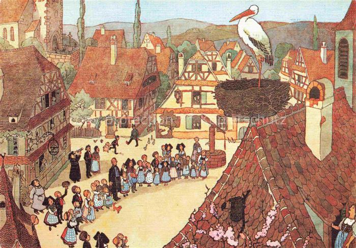 HANSI  Waltz J J (1873-1951) Kuenstlerkarte Alsace Elsass Cigogne notre village