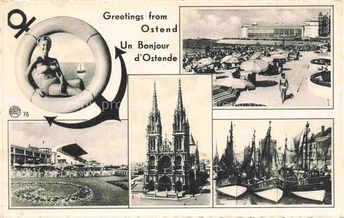 OSTENDE Oostende West-Vlaanderen Belgie Seebad Strandpartie Blumenuhr Kirche Fis