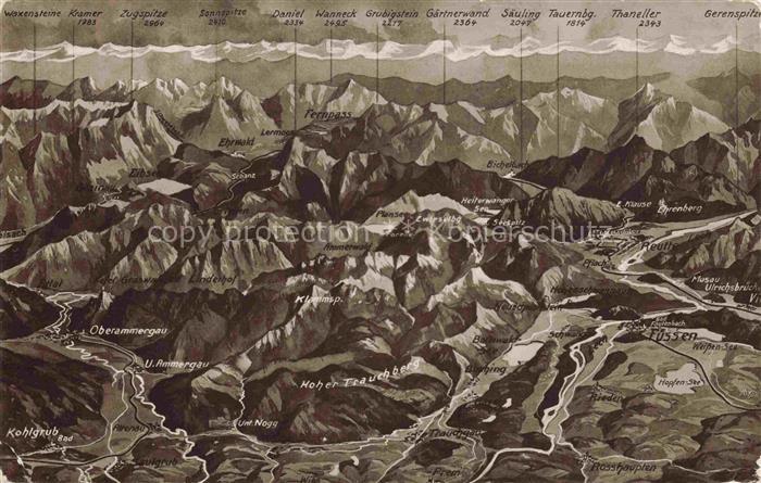 OBERAMMERGAU Bayern Panoramakarte von Oberammergau bis Fuessen und die Koenigssc