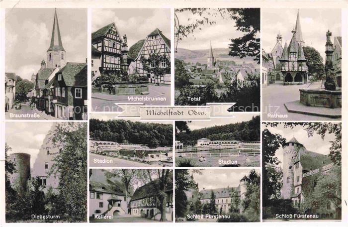 Michelstadt Odenwald Hessen Braunstrasse Michelsbrunnen Total Rathaus Diebesturm