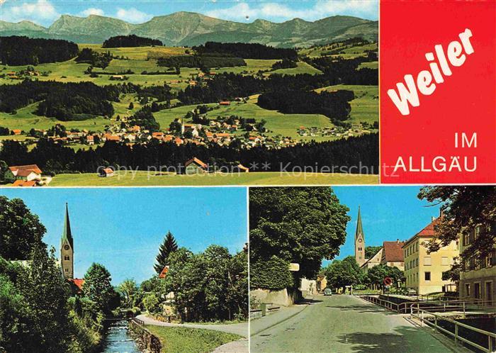 Weiler Allgaeu Landschaftspanorama Allgaeuer Alpen Partie am Bach Blick zur Kirc