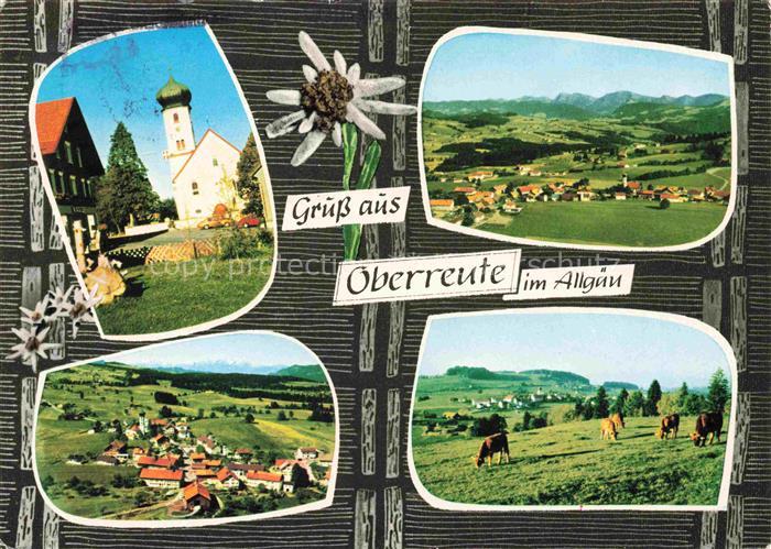 Oberreute Lindau Bayern Ortsmotiv mit Kirche Panorama Alpen Viehweide