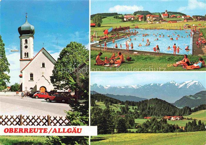 Oberreute Lindau Bayern Motiv mit Kirche Freibad Landschaftspanorama Alpen