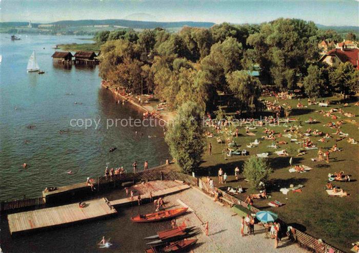 Unteruhldingen-Muehlhofen Bodensee Strandbad mit Pfahlbauten und Kloster Birnau