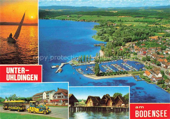 Unteruhldingen-Muehlhofen Bodensee Segeln bei Sonnenuntergang Hafen Luftaufnahme