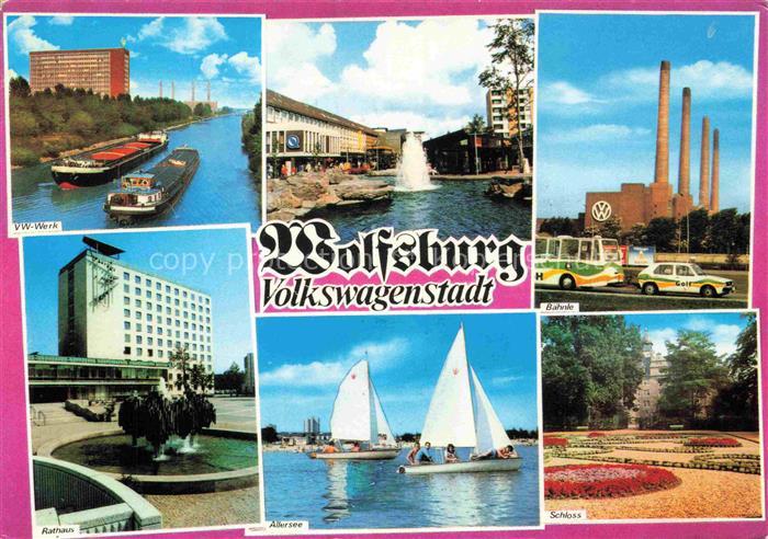 WOLFSBURG Niedersachsen VW-Werk Kanal Frachtkaehne Wasserspiele BaehnleRathaus A