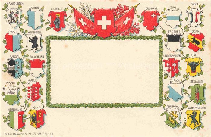 WAPPEN-LITHO-RAHMENKARTE Zug Basel Glabus Tessin Genf Thurgau St.Gallen Bern AAr