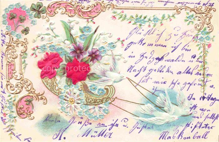 Tauben Pigeons Palomas-- Litho Blumen