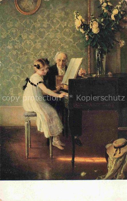 Muenier J A Kuenstlerkarte Klavierstunde Maedchen Blumenvase