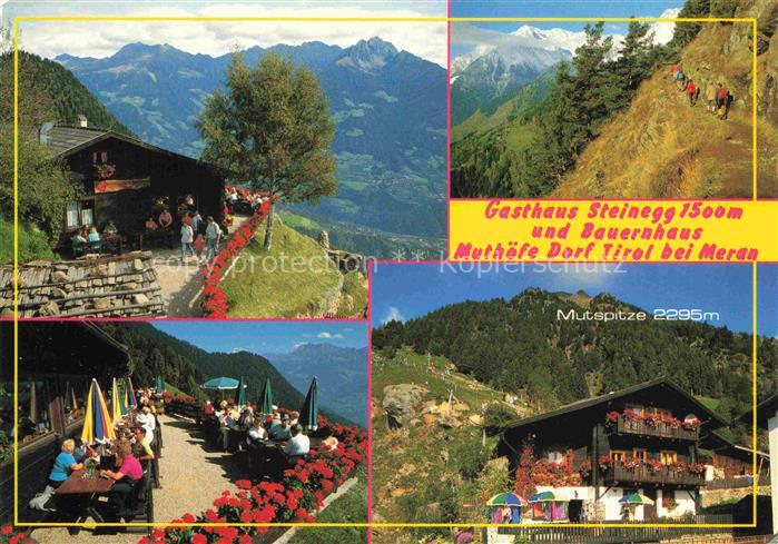 Dorf-Tirol Suedtirol IT Gasthaus Steinegg und Bauernhaus Muthoefe Terrasse Bergw