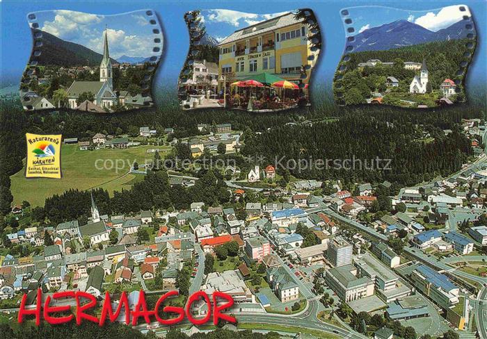 Hermagor Kaernten AT Fliegeraufnahme Kirche Hotel Panorama