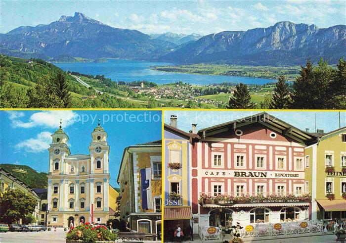 Mondsee Salzkammergut Oberoesterreich AT Panorama Cafe Konditorei Braun Kirche