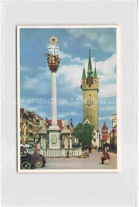 Straubing Stadtturm und Dreifaltigkeitssaeule Sammelbild 7x10 cm