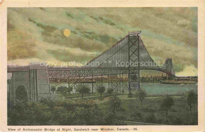 Sandwich Windsor Ontario Canada View of Ambassador Bridge at Night