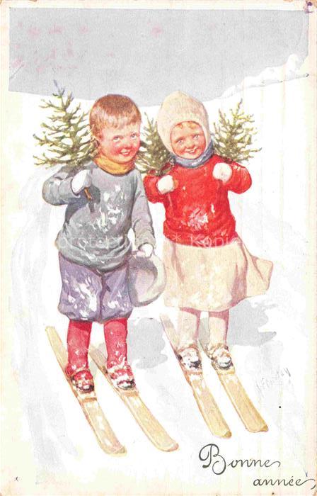 FEIERTAG Karl (1874-1944) Kuenstlerkarte B.K.W.I. Nr. 2991-3 Kinder Ski Frohe We
