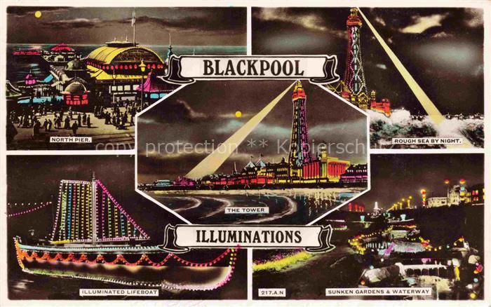 BLACKPOOL  UK North Pier Illuminated Lifeboat The Tower Rough Sea by Night Sunke