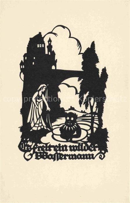 SCHWINDT A. M. Kuenstlerkarte Schattenbild Es treit einein wilder Wassermann