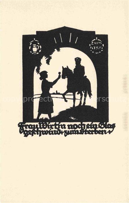 SCHWINDT A. M. Kuenstlerkarte Schattenbild Frau Wirtin noch ein Glas