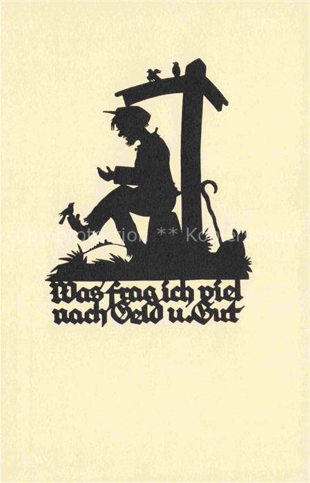 SCHWINDT A. M. Kuenstlerkarte Schattenbild Was frag ich viel nach Geld und Gut