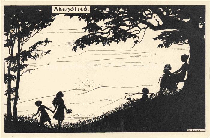 Scherenschnitt-AK SCHATTENBILDKARTE Shadowbolt Abendbild Kinder