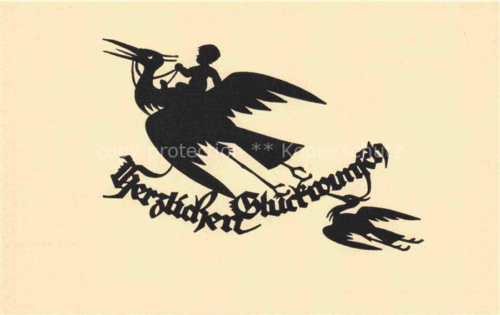 SCHWINDT A. M. Kuenstlerkarte Schattenbild Glueckwunsch Vogel Baby