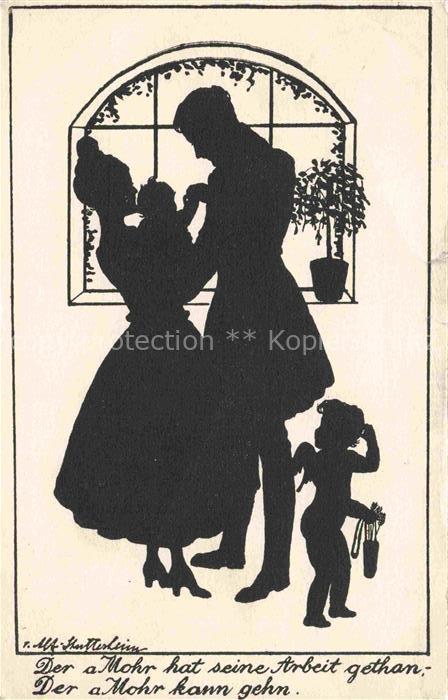 SCHATTENBILDKARTE Shadowbolt Scherenschnitt-AK Familie Engel Mohr