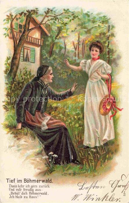 Boehmerwald Region CZ Litho Frau Hut