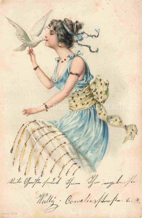 Tauben Pigeons Palomas-- Frau Kuss Litho