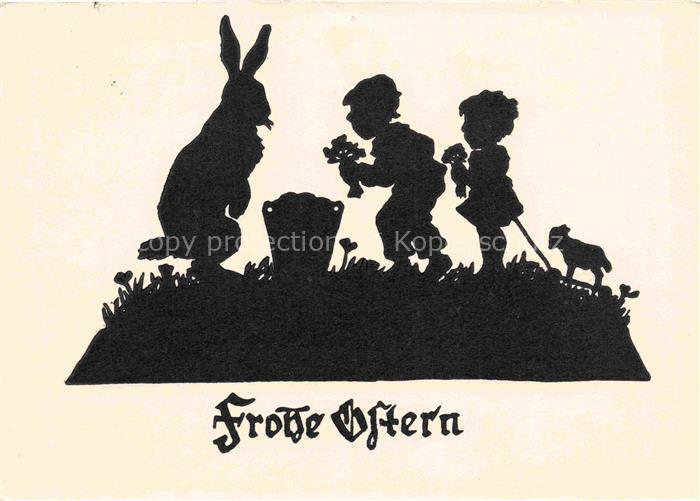 SCHATTENBILDKARTE Shadowbolt Scherenschnitt-AK Frohe Ostern Kinder Hase