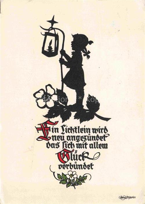 PLISCHKE Georg Kuenstlerkarte Schattenbild Glueck verbuendet Kind Laterne