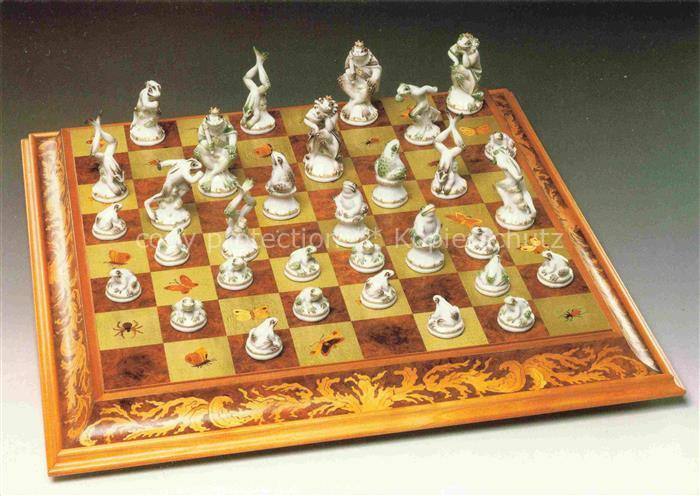 Schach Chess Echecs (auf Postkarte)-- Porzellan Manufaktur Meissen Froesche