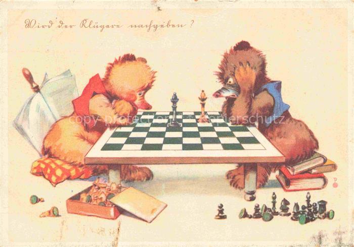 Schach Chess Echecs (auf Postkarte)-- Teddy Vermenschlicht