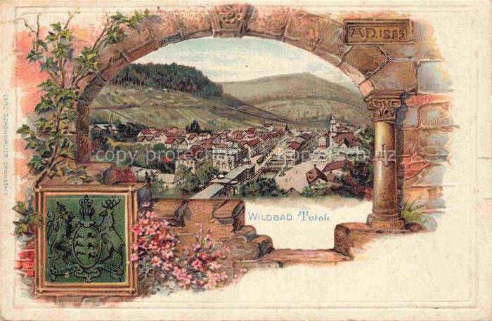 WILDBAD  Bad Schwarzwald BW Panorama Torbogen Wappen Kuenstlerkarte