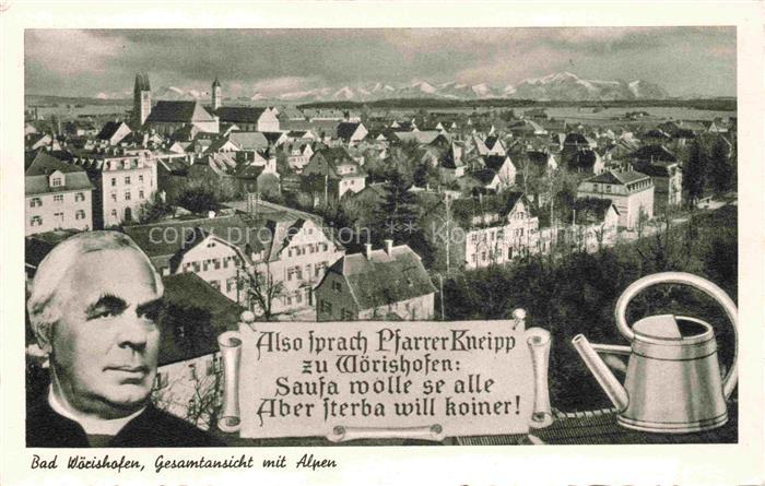 BAD WoeRISHOFEN Panorama mit Alpenblick Pfarrer Kneipp Portrait mit Spruch