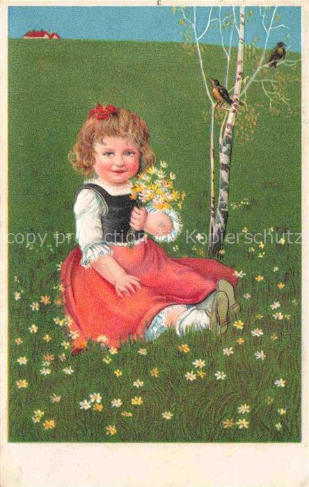 Verlag PFB Nr. 6865 Maedchen Voegel Blumen Litho